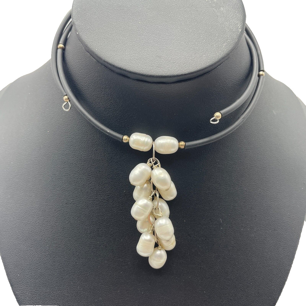 Baroque Freshwater Pearl Necklace Waterfall Cluster Pendant Flexible Rubber Wire